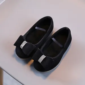 Chaussures plates noires pour filles avec nœud en strass et bride élastique souple