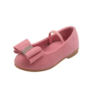 Chaussures Mary Jane roses pour filles en suède avec nœud élégant et strass brillants