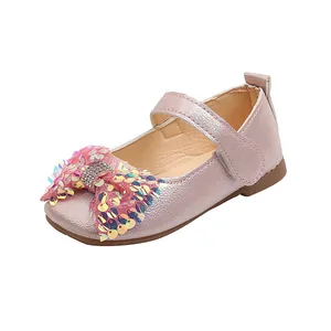 Chaussures de princesse Mary Jane roses pour filles avec nœud pailleté et semelle gomme