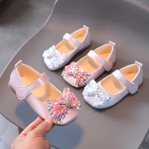 Chaussures de Princesse Mary Jane pour Filles Avec Nœud en Paillettes Strass Semelle Souple Mariage Fête Chaussures Plates
