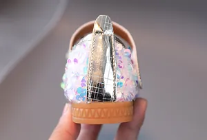 Detailed close-up of girls' sequin shoes featuring silver textured heel and rubber sole
