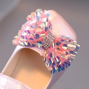Chaussures princesse roses pour filles avec nœud en paillettes et strass à semelle souple