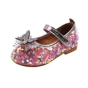 Pink sequin girls princess shoes with bow decoration and nonslip rubber sole
