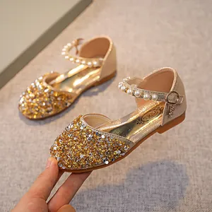 Glitzernde Pailletten Mary Jane Prinzessinnenschuhe für Mädchen mit Perlenriemen und flacher Sohle