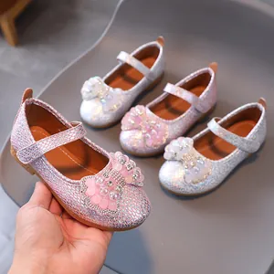 Girls Sequin Princess Mary Jane Shoes Glitter Bowknot Dress Party Flat Shoes For Toddler Kids Hook And Loop Pink Silver