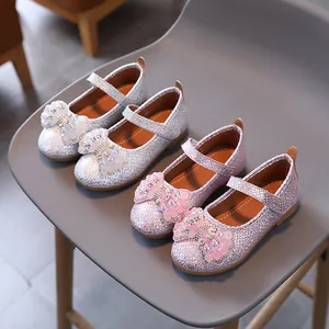 Sparkly girls princess Mary Jane shoes with pearls and bows in silver and pink colors