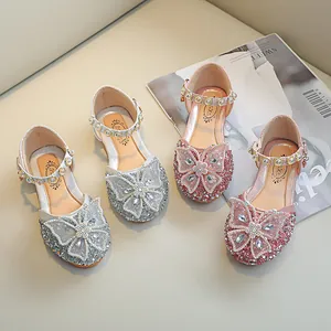 Chaussures de Princesse à Paillettes pour Filles Nœud en Strass Mary Jane Chaussures Plates Mariage Fête Bride en Künstliche Perles