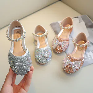Sandales Princesse pour Filles Nœud en Strass Chaussures Mary Jane à Paillettes Scintillantes pour Fête et Mariage Enfants