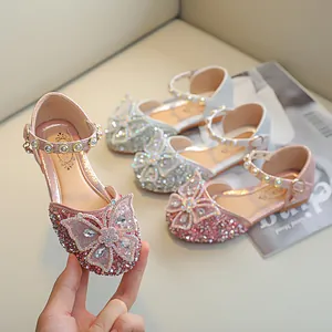 Chaussures princesse pailletées pour filles avec nœud papillon en strass et velcro
