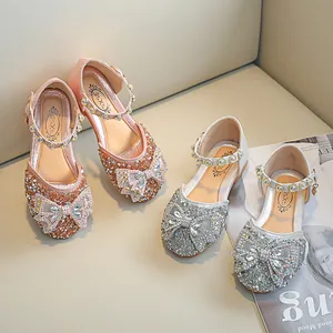 Sandales à paillettes pour filles avec grands nœuds en strass et brides en perles