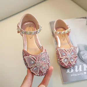 Chaussures princesse roses scintillantes pour filles avec nœud papillon et perles