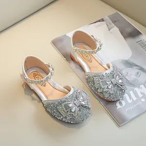 Chaussures princesse argentées à paillettes pour filles avec nœud en strass chic