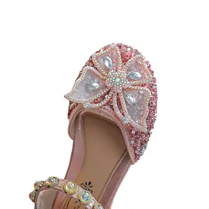 Chaussures princesse roses pour filles avec paillettes, strass et grand nœud