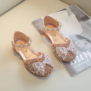 Sandales de princesse à paillettes or rose pour filles avec nœud en strass et perles