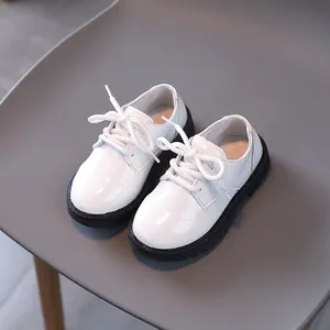 Classic white British style children leather shoes with non-slip thick black soles