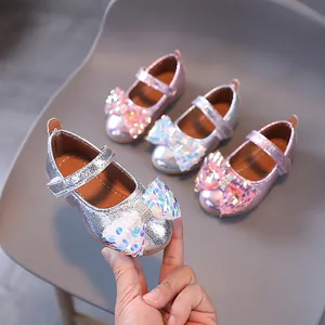 Scarpe Mary Jane da Principessa per Bambina con Paillettes e Fiocco Suola Morbida per Feste Matrimonio Rosa Argento