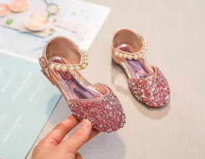 Détails des chaussures de princesse rose à paillettes pour filles avec bride en perles
