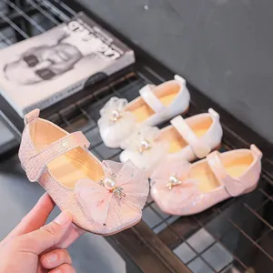 Chaussures Mary Jane Fille Princesse Avec Nœud en Résille Künstliche Perle Strass Cuir PU Semelle Souple Ballerines pour Mariage Fête