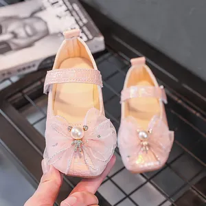 Chaussures princesse roses pour filles avec nœud en tulle, perle et ours en strass