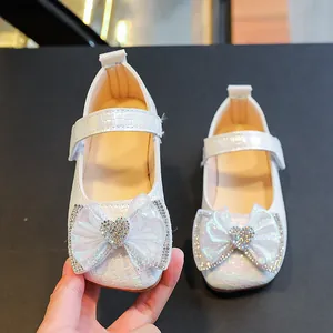 Girls iridescent pearl white Mary Jane princess shoes with bow and heart crystal