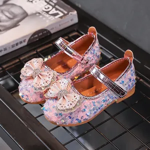 Rosa Glitzer-Mary-Jane-Schuhe für Mädchen mit Strassschleife und Klettverschluss