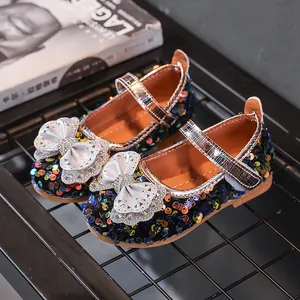 Dunkelblaue Mädchen Mary Jane Prinzessin Schuhe mit Pailletten und Schleifendetail