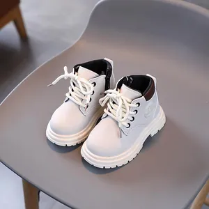 Classic cream white kids combat boots with durable non-slip thick sole for children