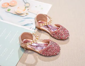 Chaussures Mary Jane roses à paillettes pour filles avec bride perlée et cristaux