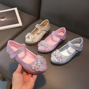 Girls Princess Shoes Glitter Mary Jane Flats With Bowknot Rhinestone Sparkly Performance Wedding Party Dress Shoes For Kids