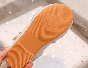 Close-up of non-slip rubber sole with texture and size 29 on girls princess shoes