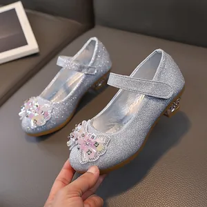 Sparkly silver glitter Mary Jane shoes for girls with rhinestone bow and low block heels
