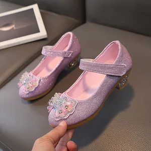 Sparkly purple girls princess shoes with rhinestone bow and low block heels