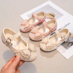 Girls Princess Mary Jane Shoes With Bow Artificial Pearl Rhinestone Sequin Wedding Party Flat Shoes For Kids Toddlers Soft Sole