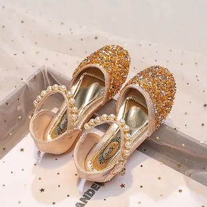 Chaussures de princesse dorées pour filles avec strass brillants et bride perlée