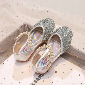 Chaussures Mary Jane argentées à paillettes pour filles avec bride en perles élégantes