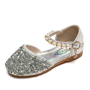 Chaussures Mary Jane argentées pour filles avec strass brillants et bride en perles