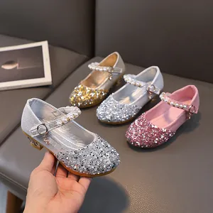 Girls Princess Mary Jane Shoes Sparkling Sequin Wedding Party Dress Shoes With Pearl Strap Low Heel Performance Footwear