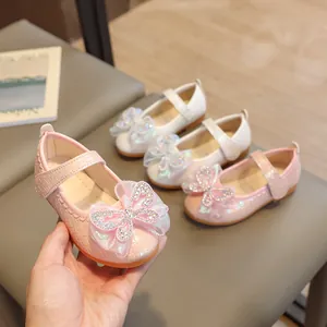 Girls Princess Mary Jane Shoes With Rhinestone Mesh Bow Woven Texture PU Leather Flat Dress Shoes For Wedding Party Kids