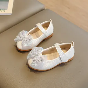 White Mary Jane princess shoes for girls with rhinestone bow and non-slip soft sole