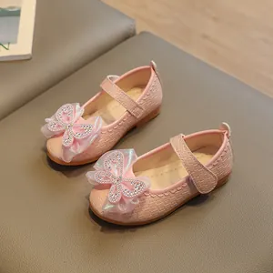 Pink girls Mary Jane princess shoes with sparkling rhinestones and ribbon bow decoration