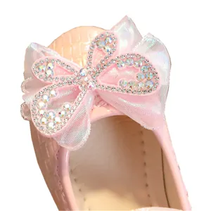Pink patent leather girls princess shoes with rhinestone mesh butterfly decoration