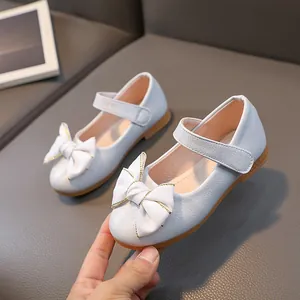 Meisjes Mary Jane schoenen met litchi textuur, witte strik en antislip rubberen zool