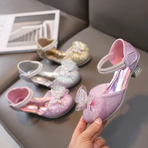 Girls Princess Shoes Glitter Rhinestone Bow Low Heel Mary Jane Sandals For Wedding Party Kids Birthday Performance Dress Shoes