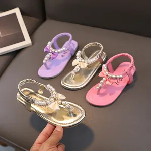 Sandali da Principessa Estivi da Ragazza Con Perle e Fiocco in Pelle Sintetica Sandali Piatti Per Bambini Stile Coreano