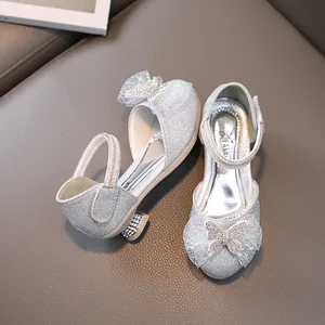 Sparkly silver sequin princess shoes for girls with glitter bow and rhinestone heels
