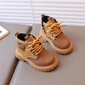 Classic kids British style mustard yellow mid-cut boots with durable non-slip rubber soles