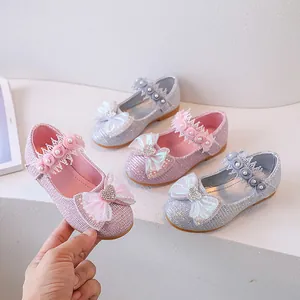 Shiny Girls Sequin Princess Shoes With Mesh Bow Artificial Pearl Rhinestone Mary Jane Flats PU Rubber Formal Wedding Dress Shoes