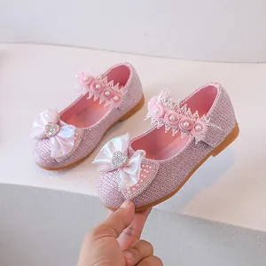 Sparkly pink girls princess shoes with sequins, ribbon bow and pearl lace decoration