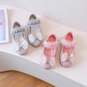 Sparkly girls princess shoes with sequins and bow decoration in silver and pink