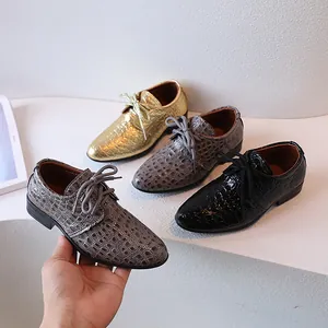 Boys British Style Crocodile Embossed PU Leather Shoes Shiny Gold Gray Black Lace Up Derby School Performance Wedding Party Kids Formal Shoes